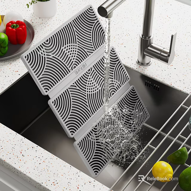 Kitchen Sink Featuring Flowing Water And Black And White Patterned Dish Drying Mat 3d model 