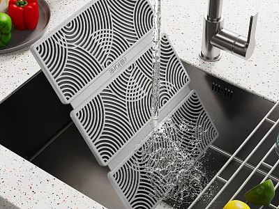 Kitchen Sink Featuring Flowing Water And Black And White Patterned Dish Drying Mat 3d model