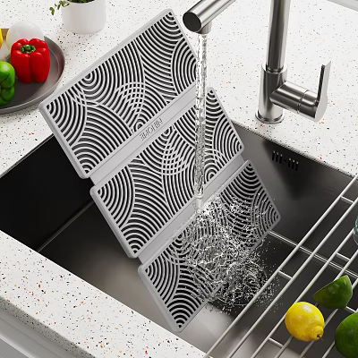 Kitchen Sink Featuring Flowing Water And Black And White Patterned Dish Drying Mat 3d model