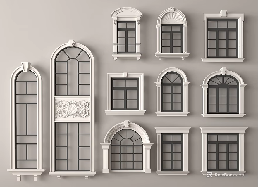 Architectural Window Components With Various Arched Rectangular Designs And Decorative Frames 3d model