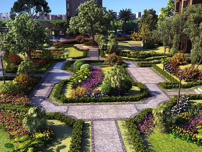Symmetrical Garden Landscape Design With Well Trimmed Hedges Colorful Flowers And Stone Pathways 3d model