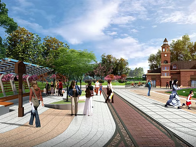 People Walking In Public Square With Trees Brick Clock Tower And Benches 3d model