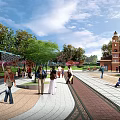 People Walking In Public Square With Trees Brick Clock Tower And Benches