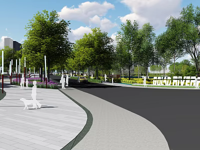 Tranquil Waterfront Landscape Featuring Green Trees White Benches Paved Square And Distant Tall Buildings 3d model