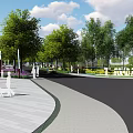 Tranquil Waterfront Landscape Featuring Green Trees White Benches Paved Square And Distant Tall Buildings