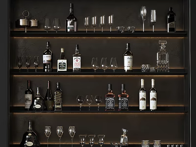 Stylish Wine Cabinet with Multiple Illuminated Shelves Displaying Wine Bottles and Glassware 3d model