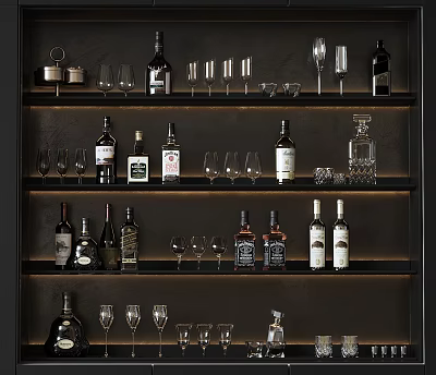 Stylish Wine Cabinet with Multiple Illuminated Shelves Displaying Wine Bottles and Glassware 3d model
