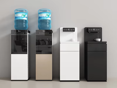 Modern Water Dispensers As Daily Use Appliances With Various Color Designs And Blue Bottles 3d model