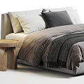Modern Double Bed Interior With Gray Beige Bedding Blanket Pillows And Wooden Side Table