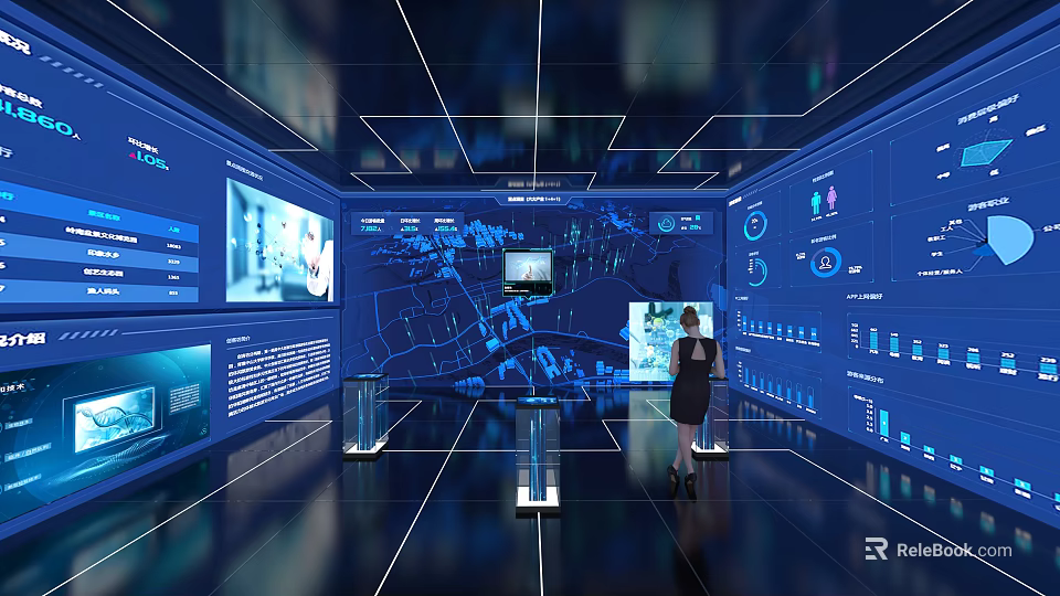 High Tech Exhibition Hall With Interactive Large Screens Data Visualization And Display Stands 3d model 