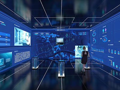 High Tech Exhibition Hall With Interactive Large Screens Data Visualization And Display Stands 3d model