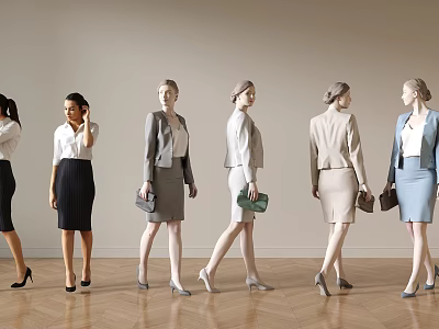 Women Walking in Professional Attire on Wooden Floor with Coordinated Outfits and Handbags 3d model