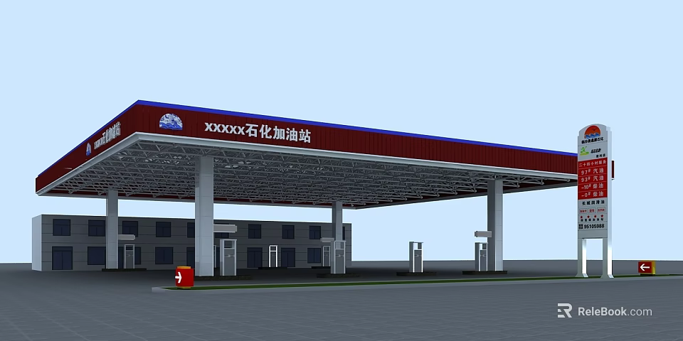 Petrochemical Gas Station With Red Canopy And Fuel Pumps Structure 3d model 