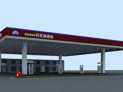 Petrochemical Gas Station With Red Canopy And Fuel Pumps Structure 3d model