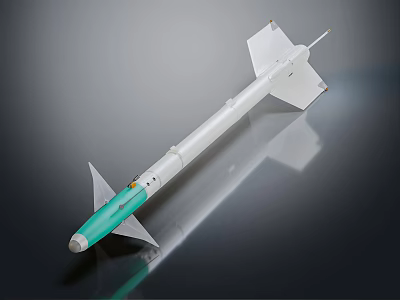 Military Missile With Green Nose White Body Tail Fins On Black Reflective Surface 3d model