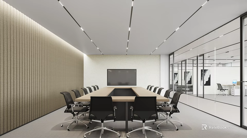Modern Conference Room With Long Table Black Chairs Large Screen Wooden Wall And Glass Partitions 3d model 