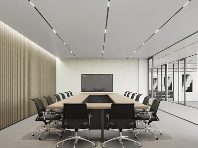Modern Conference Room With Long Table Black Chairs Large Screen Wooden Wall And Glass Partitions 3d model