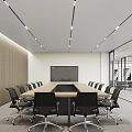 Modern Conference Room With Long Table Black Chairs Large Screen Wooden Wall And Glass Partitions