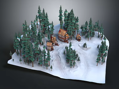 Snowy Winter Forest Scene with Tall Pine Trees and Wooden Cabins 3d model