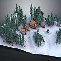Snowy Winter Forest Scene with Tall Pine Trees and Wooden Cabins