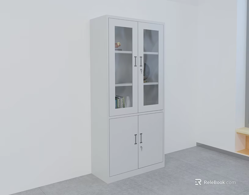 White Modern Bookcase With Glass Doors And Storage Shelves For Home Books Decor 3d model 