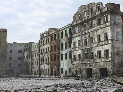Ruined Masonry Structures With Broken Windows Weathered Doors And Debris Ground 3d model