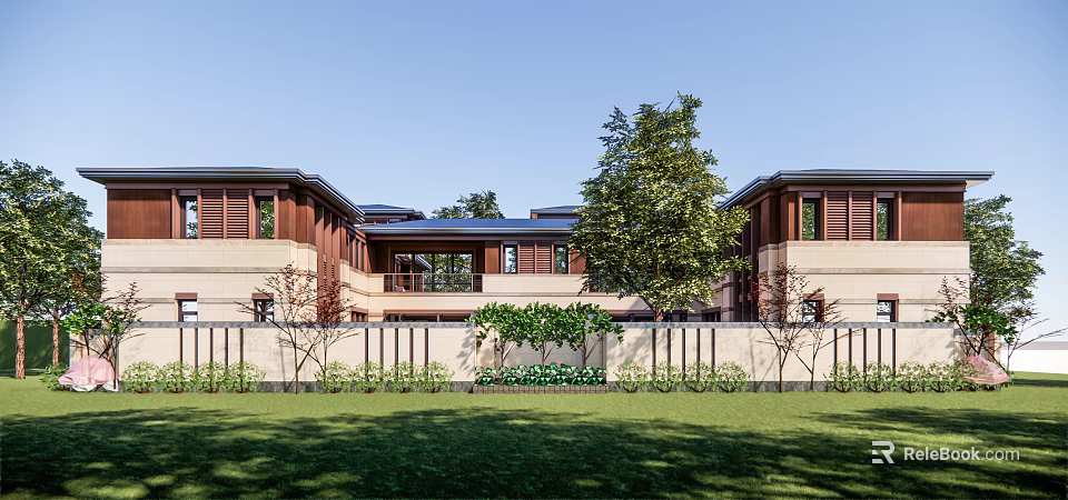 Townhouse Exterior Design with Blue Roof Beige Walls Wooden Window Frames Green Lawn and Fence 3d model 