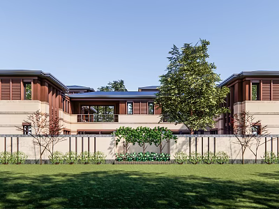 Townhouse Exterior Design with Blue Roof Beige Walls Wooden Window Frames Green Lawn and Fence 3d model