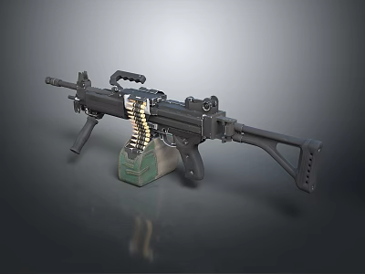 Modern Machine Gun With Ammunition Belt Magazine And Black Design Stand 3d model