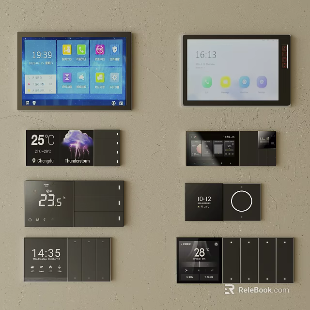 Smart Modern Switch Panels with Digital Displays Showing Time Temperature and Weather Information 3d model 