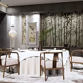 Chinese Style Private Dining Room With Round Table White Tablecloth Bamboo Backdrop And Green Plants