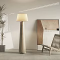 Modern Wooden Leisure Chair In Bright Interior With Floor Lamp Potted Plant And Abstract Painting