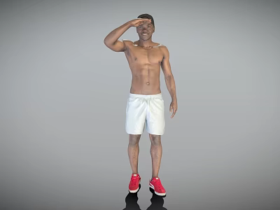 A Shirtless Man Saluting In White Shorts And Red Sneakers On Gray Background 3d model