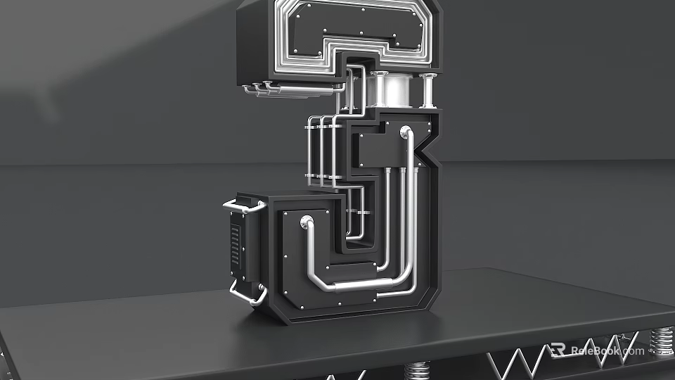 Mechanical Style Digital Number 3 With Black Body Silver Pipes And Metal Structure On Black Table 3d model 