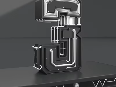 Mechanical Style Digital Number 3 With Black Body Silver Pipes And Metal Structure On Black Table 3d model