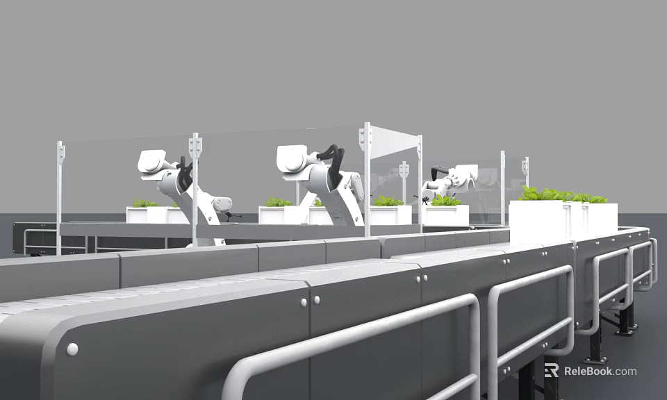 Industrial Equipment Robotic Arms Operating On Automated Conveyor Belt With Transparent Barriers And Green Plants 3d model 