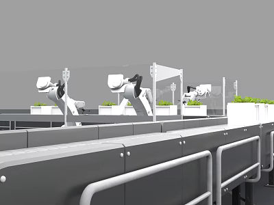 Industrial Equipment Robotic Arms Operating On Automated Conveyor Belt With Transparent Barriers And Green Plants 3d model