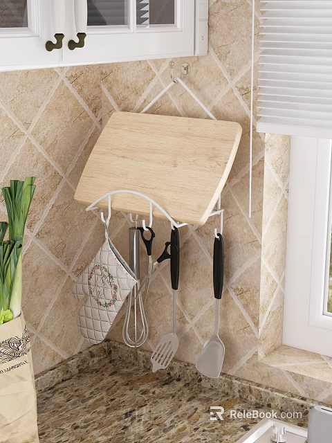 Functional Kitchen Utensils with Wall Mounted Rack and Wooden Cutting Board on Tile Wall 3d model 
