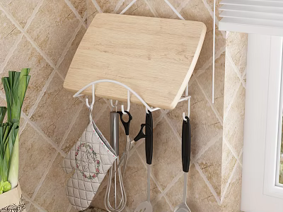 Functional Kitchen Utensils with Wall Mounted Rack and Wooden Cutting Board on Tile Wall 3d model