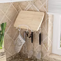 Functional Kitchen Utensils with Wall Mounted Rack and Wooden Cutting Board on Tile Wall