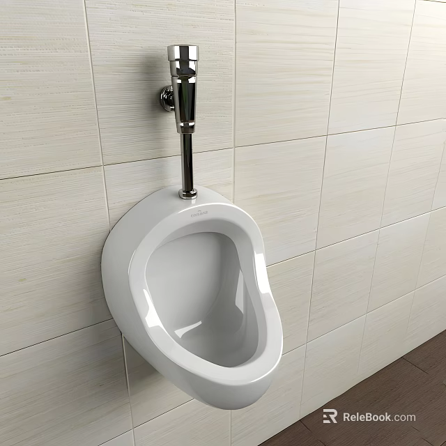 Wall Mounted White Ceramic Urinal With Chrome Flush Valve On Beige Tile Bathroom Wall 3d model