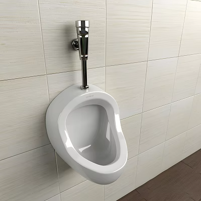 Wall Mounted White Ceramic Urinal With Chrome Flush Valve On Beige Tile Bathroom Wall 3d model