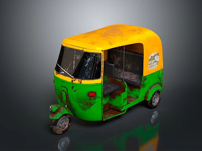 Vintage Auto Rickshaw With Yellow Green Body And Rusty Seats Windows 3d model