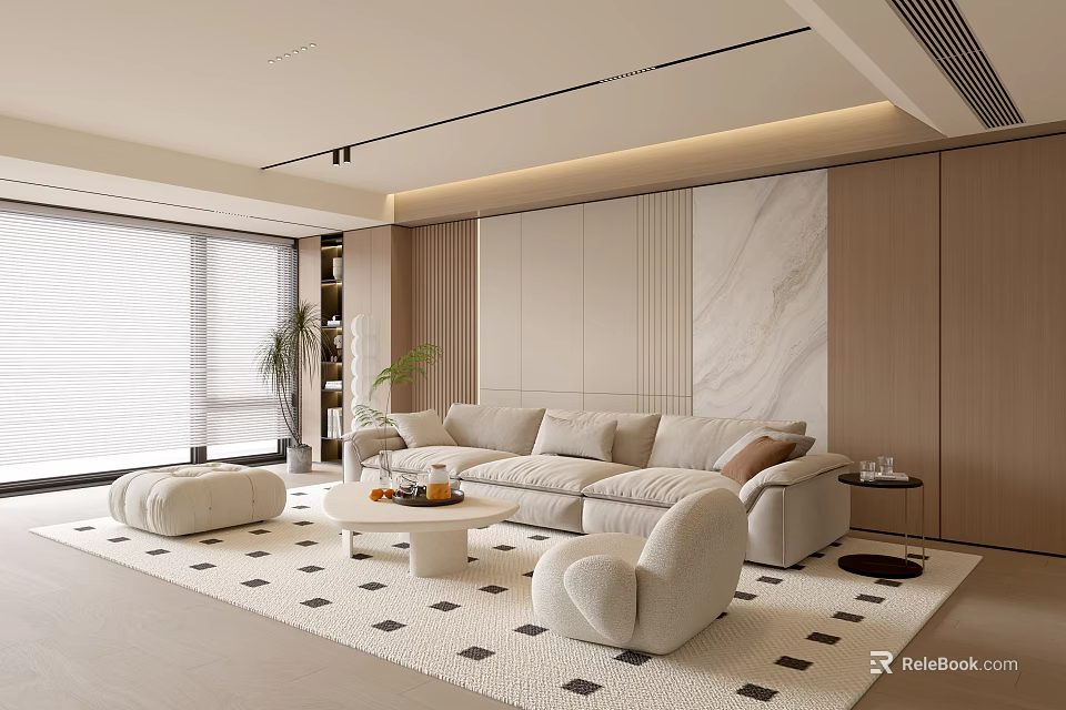Modern Living Room Interior With Large Sofa Geometric Rug Marble Wall And Natural Light 3d model 