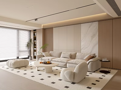 Modern Living Room Interior With Large Sofa Geometric Rug Marble Wall And Natural Light 3d model