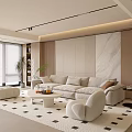 Modern Living Room Interior With Large Sofa Geometric Rug Marble Wall And Natural Light
