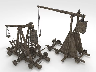 Ancient Wooden Siege Weapons with Wheel Structures and Hanging Weight Mechanisms 3d model