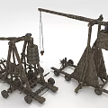 Ancient Wooden Siege Weapons with Wheel Structures and Hanging Weight Mechanisms