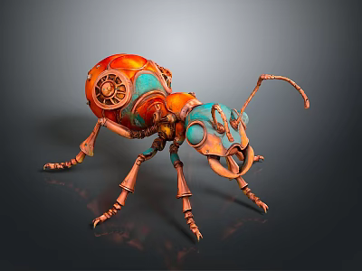Mechanical Ant In Steampunk Style With Orange Blue Gears And Metal Legs Detailed Design 3d model