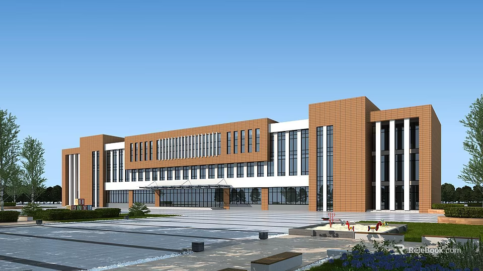 Modern School Building With Red Brick Exterior White Columns And Front Plaza 3d model 